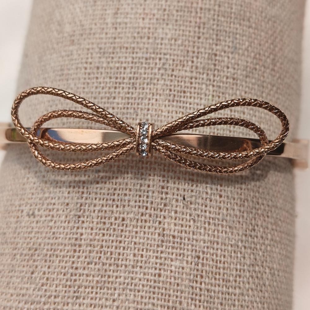 Rose Gold Tone Mesh Bow Crystal Hinged Bangle Bracelet Slim Extender‎ Coquette